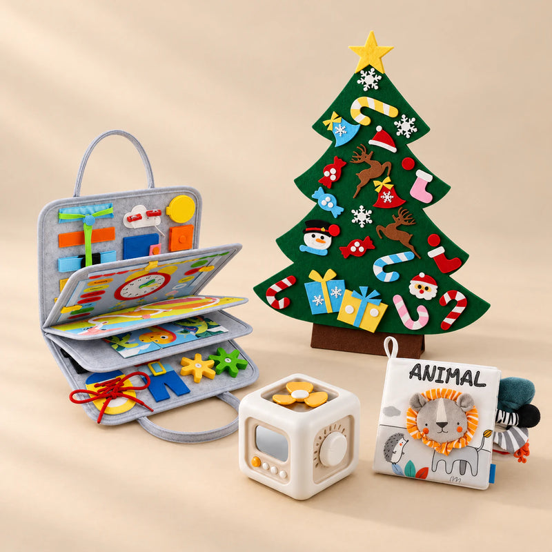 TibaToes™ Christmas Wonder Play Bundle with Cloud Gray Plus products arranged on a warm beige studio surface.