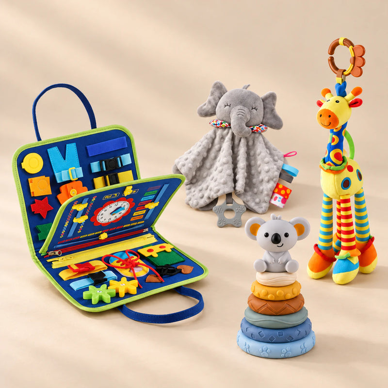 TibaToes™ Christmas Comfort Play Bundle with Dinosaur Blue products arranged on a warm beige studio surface.