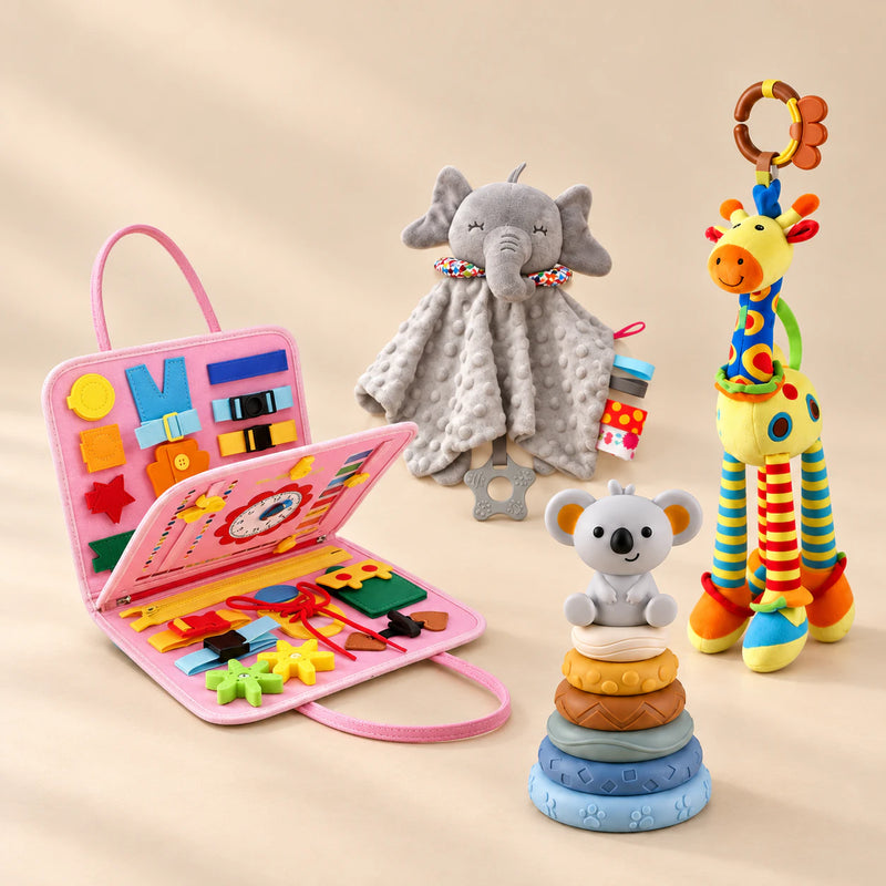 TibaToes™ Christmas Comfort Play Bundle with Mermaid Pink products arranged on a warm beige studio surface.