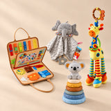 TibaToes™ Christmas Comfort Play Bundle with Animal Orange products arranged on a warm beige studio surface.