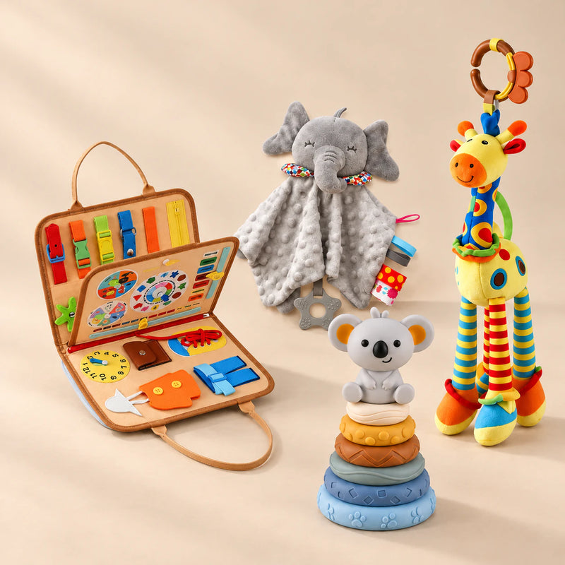 TibaToes™ Christmas Comfort Play Bundle with Animal Orange products arranged on a warm beige studio surface.