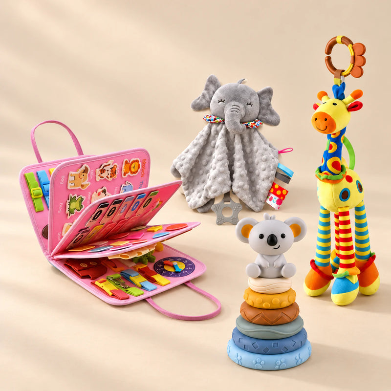 TibaToes™ Christmas Comfort Play Bundle with Mermaid Pink Plus products arranged on a warm beige studio surface.
