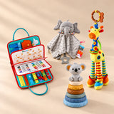 TibaToes™ Christmas Comfort Play Bundle with Rocket Green Plus products arranged on a warm beige studio surface.