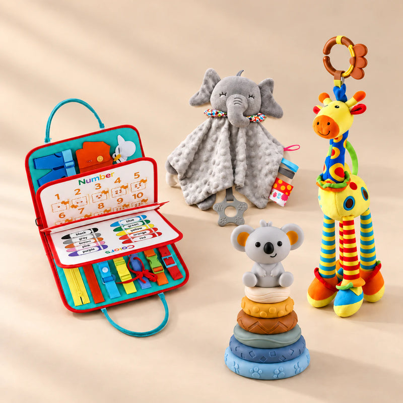 TibaToes™ Christmas Comfort Play Bundle with Rocket Green Plus products arranged on a warm beige studio surface.