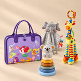 TibaToes™ Christmas Comfort Play Bundle with Mermaid Purple Plus products arranged on a warm beige studio surface.