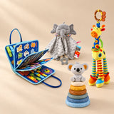 TibaToes™ Christmas Comfort Play Bundle with Vehicle Blue Plus products arranged on a warm beige studio surface.