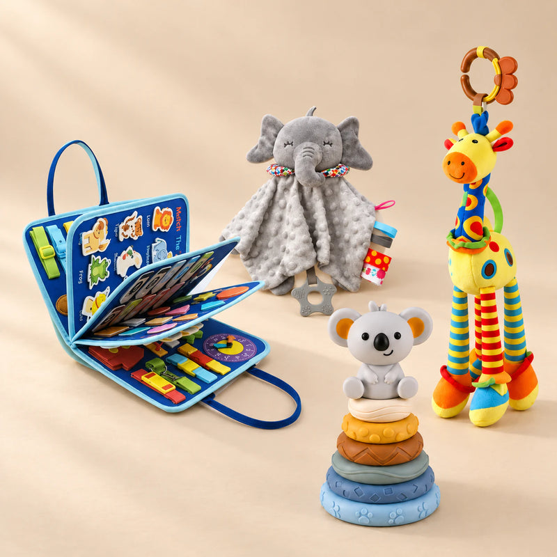 TibaToes™ Christmas Comfort Play Bundle with Vehicle Blue Plus products arranged on a warm beige studio surface.