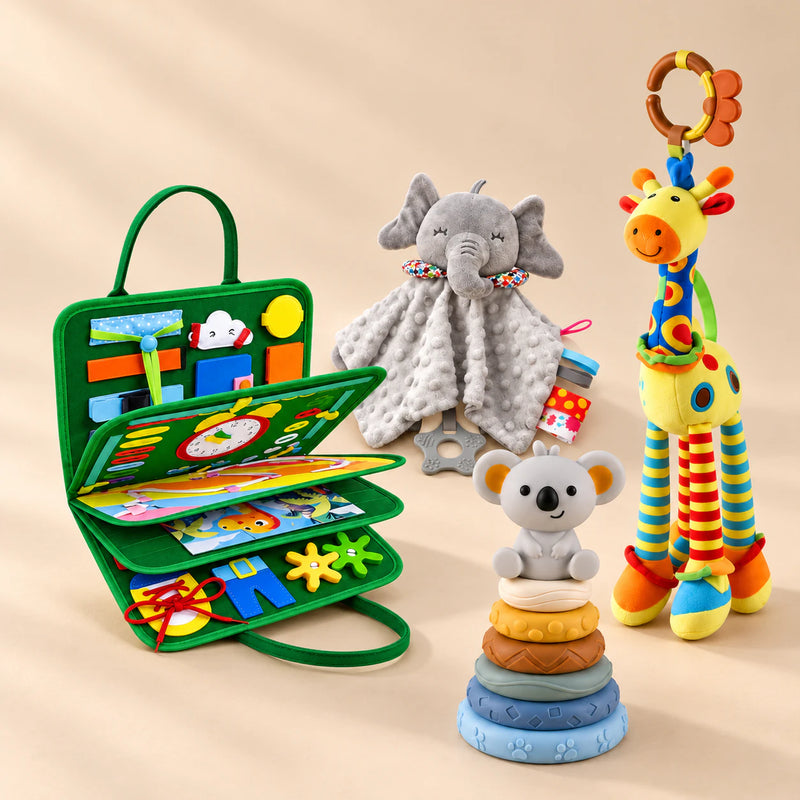 TibaToes™ Christmas Comfort Play Bundle with Dino Green Plus products arranged on a warm beige studio surface.