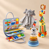 TibaToes™ Christmas Comfort Play Bundle with Cloud Gray Plus products arranged on a warm beige studio surface.