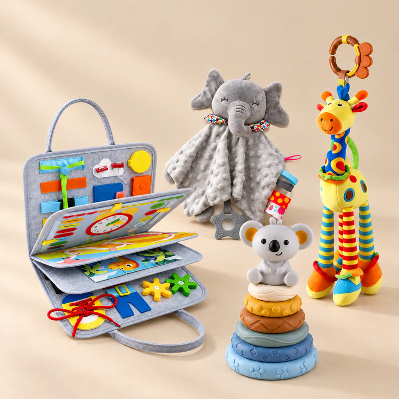 TibaToes™ Christmas Comfort Play Bundle with Cloud Gray Plus products arranged on a warm beige studio surface.