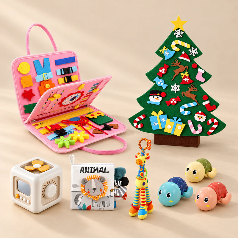 TibaToes™ Christmas Wonder Learning Bundle with Mermaid Pink products arranged on a warm beige studio surface.