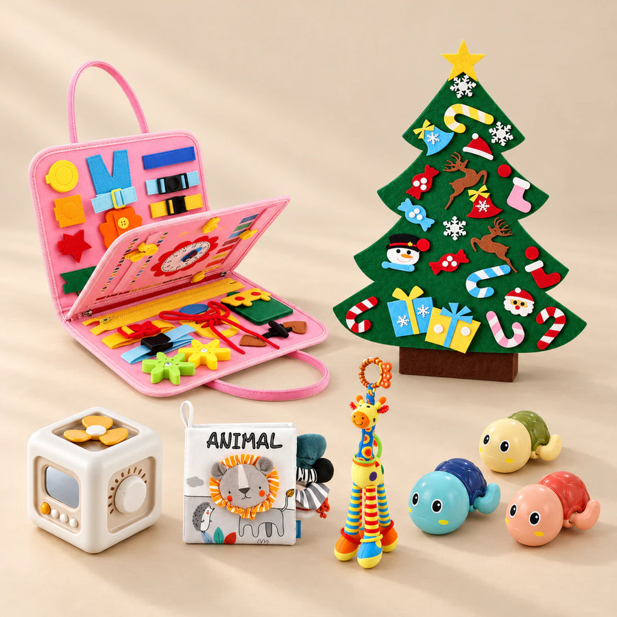 TibaToes™ Christmas Wonder Learning Bundle with Mermaid Pink products arranged on a warm beige studio surface.