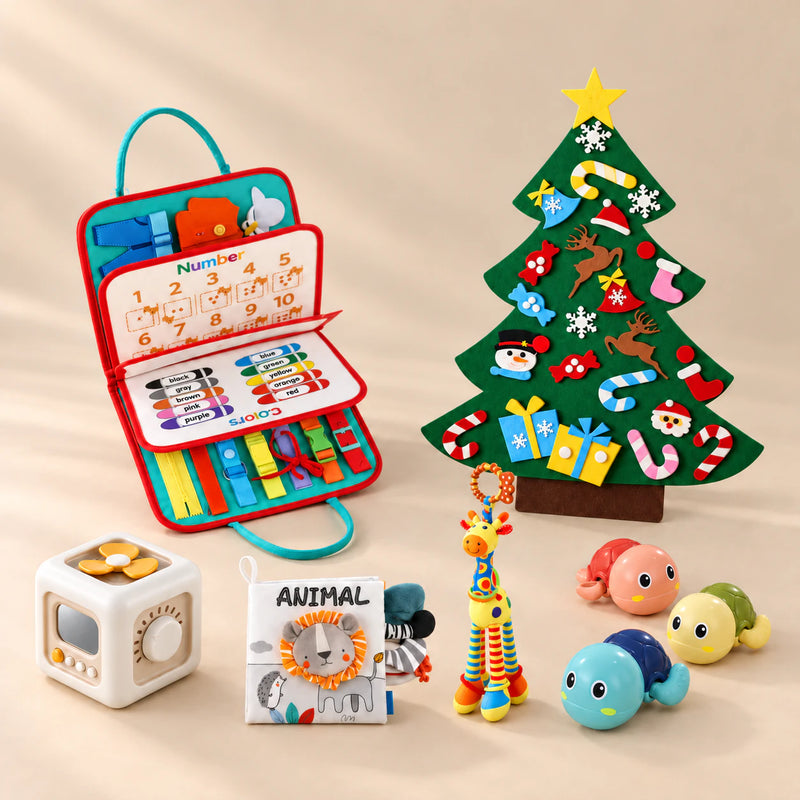 TibaToes™ Christmas Wonder Learning Bundle with Rocket Green Plus products arranged on a warm beige studio surface.