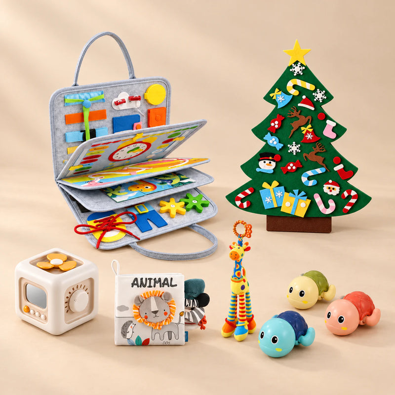 TibaToes™ Christmas Wonder Learning Bundle with Cloud Gray Plus products arranged on a warm beige studio surface.