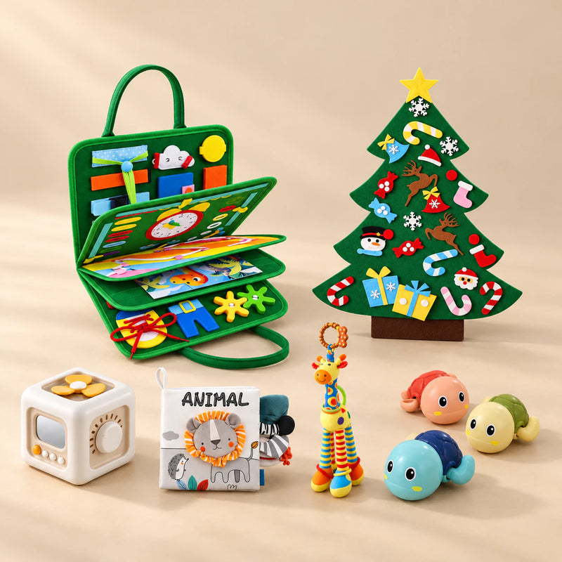 TibaToes™ Christmas Wonder Learning Bundle with Dino Green Plus products arranged on a warm beige studio surface.