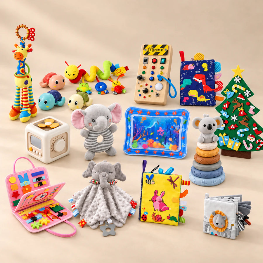 TibaToes™ Ultimate Christmas Play Bundle with Mermaid Pink products arranged on a warm beige studio surface.