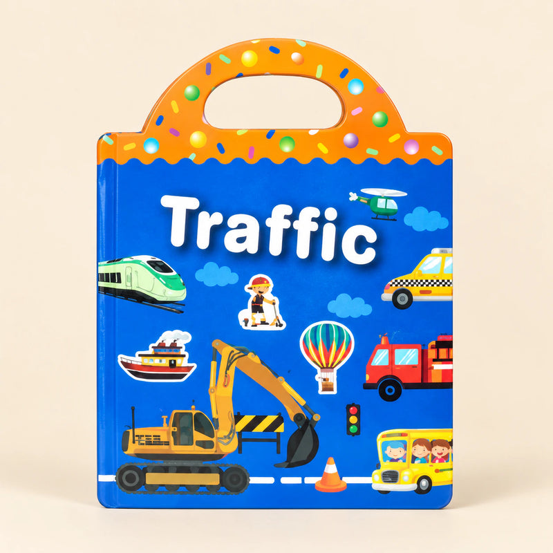 TibaToes Reusable Sticker World, Busy City on a clean warm beige background.