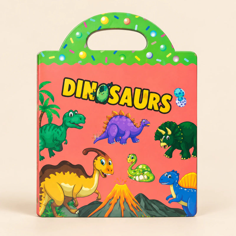 TibaToes Reusable Sticker World, Dino World on a clean warm beige background.