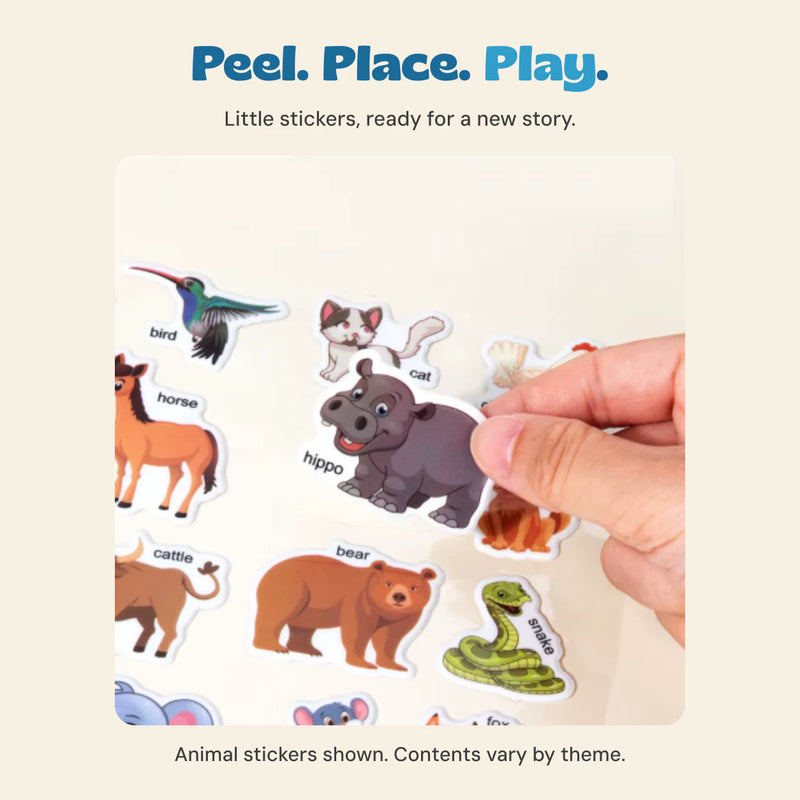 Little stickers, ready for a new story. Animal stickers shown. Contents vary by theme.