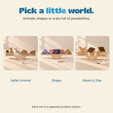 Safari Animal, Shape and Moon & Star balance sets shown as three separate choices.
