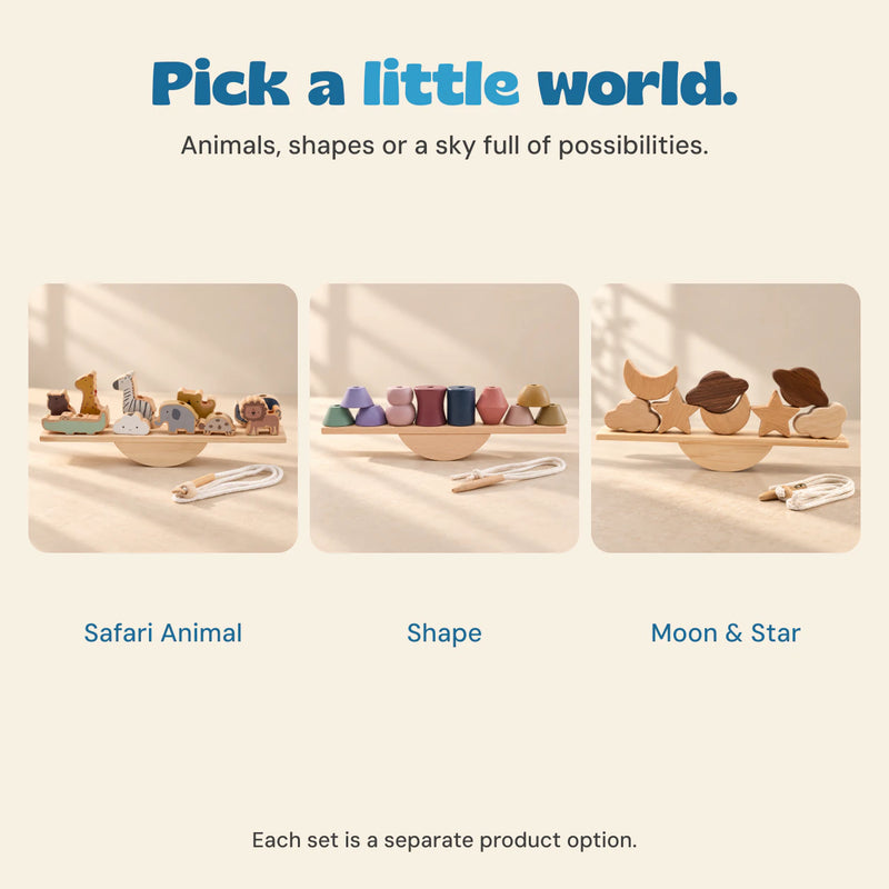 Safari Animal, Shape and Moon & Star balance sets shown as three separate choices.