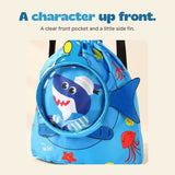 Close view of the blue shark character behind the circular clear pocket and the blue side fin.