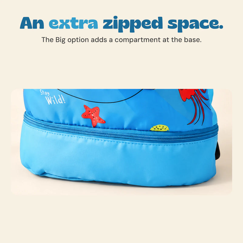 Close view of the separate zipped blue compartment at the base of the Big backpack.