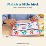 Original child hands matching illustrated bird pieces on the Spring Busy Book birdhouse page.