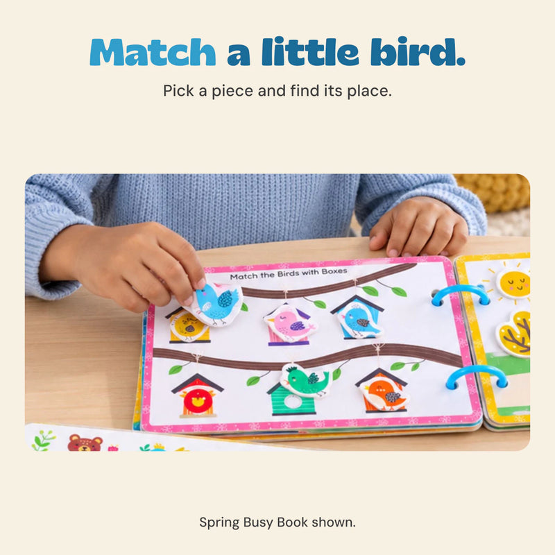 Original child hands matching illustrated bird pieces on the Spring Busy Book birdhouse page.