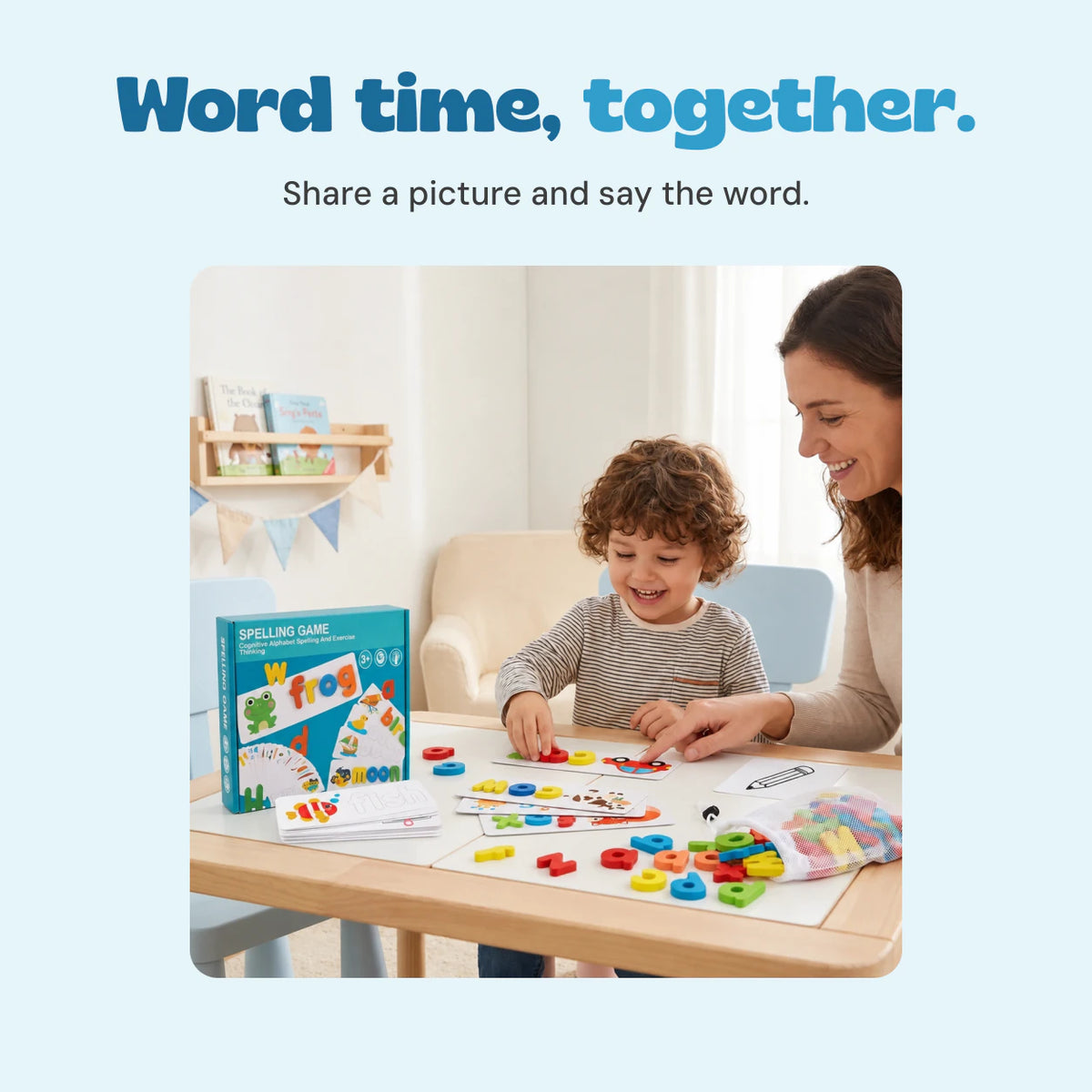 Existing mother and child play with the actual letter matching game at a table.