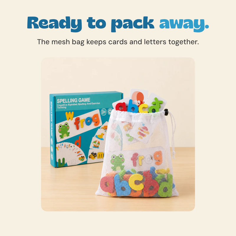 White mesh drawstring pouch holds the real spelling cards and colourful letters, beside the teal game box.