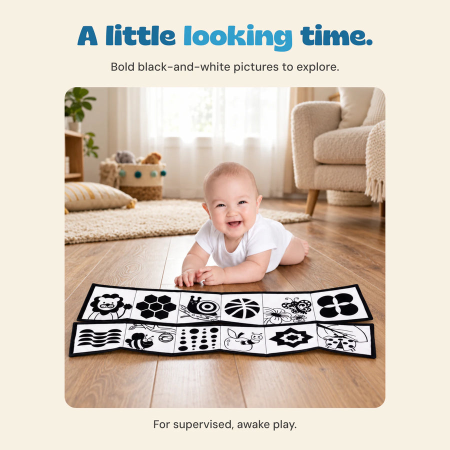 Bold black-and-white pictures to explore. For supervised, awake play.