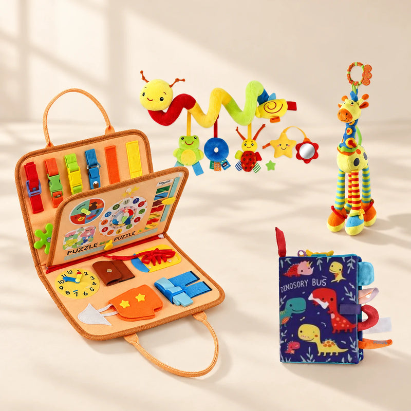 Animal Orange Sensory Explorer Bundle with its busy board, dinosaur soft book, giraffe toy and hanging spiral toy on a warm beige background.