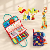 Rocket Green Plus Sensory Explorer Bundle with its busy board, dinosaur soft book, giraffe toy and hanging spiral toy on a warm beige background.