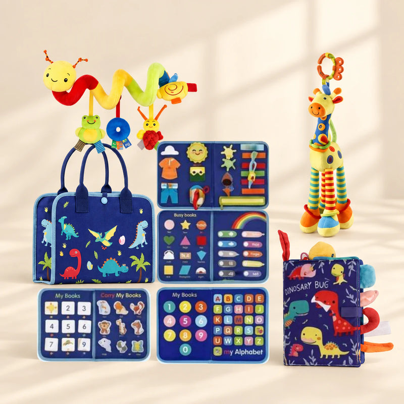 Dinosaur Blue Plus Sensory Explorer Bundle with its busy board, dinosaur soft book, giraffe toy and hanging spiral toy on a warm beige background.