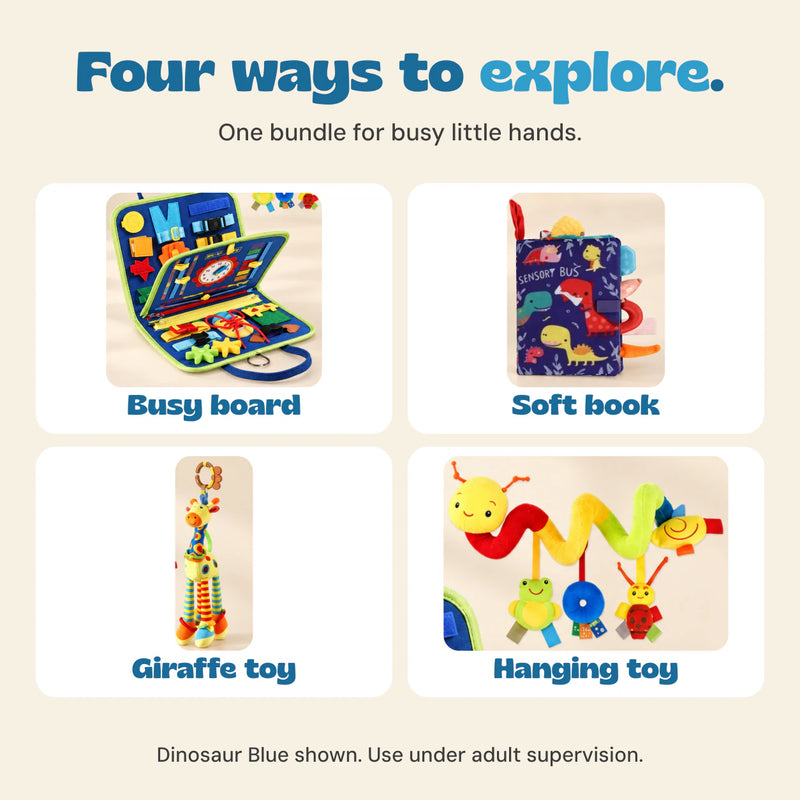Four included toy types in the Sensory Explorer Bundle: busy board, soft book, giraffe toy and hanging toy. Dinosaur Blue configuration shown.