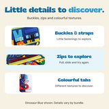 Close views of the Dinosaur Blue bundle buckles, zips and colourful soft-book tabs.