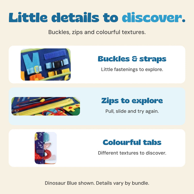Close views of the Dinosaur Blue bundle buckles, zips and colourful soft-book tabs.