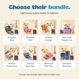 Eight Sensory Explorer Bundle choices: Dinosaur Blue, Mermaid Pink, Animal Orange, Mermaid Purple Plus, Rocket Green Plus, Vehicle Blue Plus, Mermaid Pink Plus and Dinosaur Blue Plus.