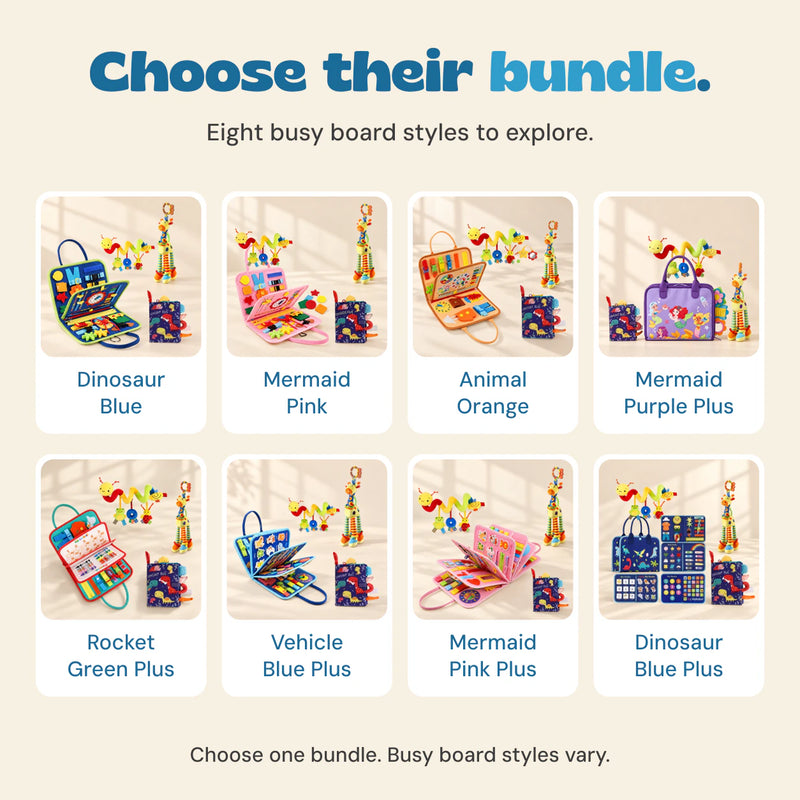 Eight Sensory Explorer Bundle choices: Dinosaur Blue, Mermaid Pink, Animal Orange, Mermaid Purple Plus, Rocket Green Plus, Vehicle Blue Plus, Mermaid Pink Plus and Dinosaur Blue Plus.