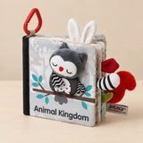 Animal Kingdom sensory cloth book with a plush owl, rabbit ears and textured tails.