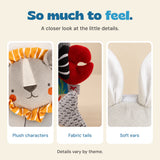 Close views of plush characters, fabric tails and soft ears. Details vary by book theme.