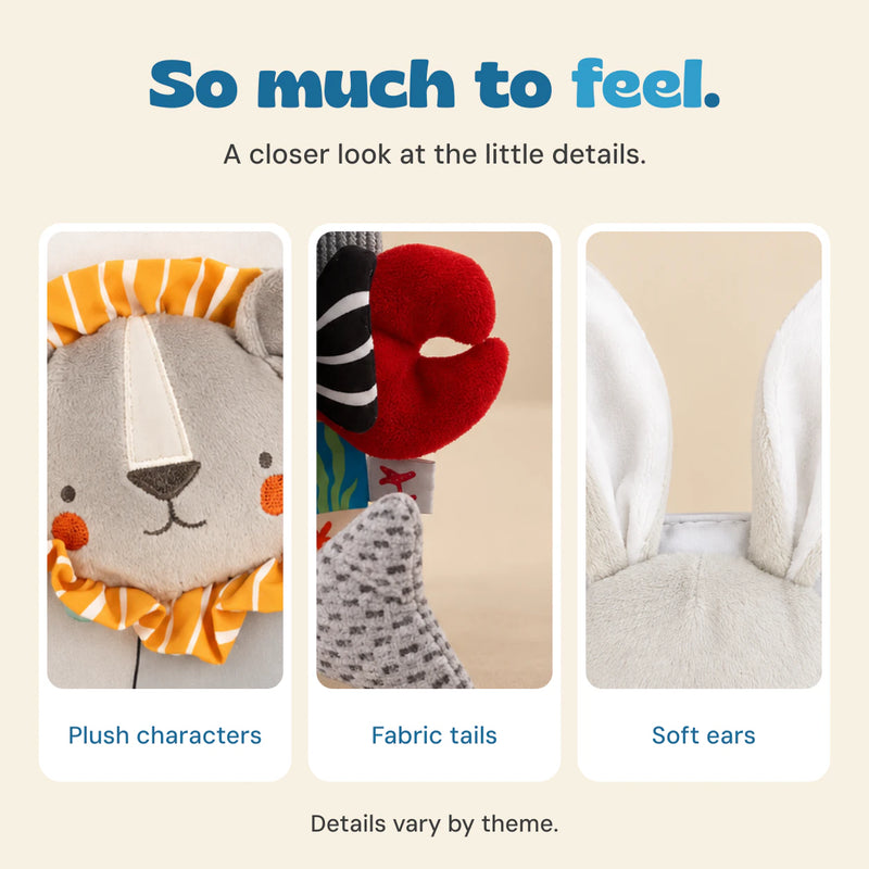 Close views of plush characters, fabric tails and soft ears. Details vary by book theme.