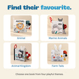 Four available sensory cloth book themes: Animal, Marine Animals, Animal Kingdom and Farm Tails. Choose one book.