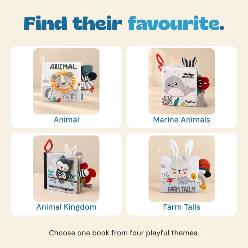 Four available sensory cloth book themes: Animal, Marine Animals, Animal Kingdom and Farm Tails. Choose one book.