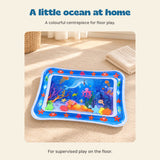 Blue ocean water mat on a warm beige floor in natural light.
