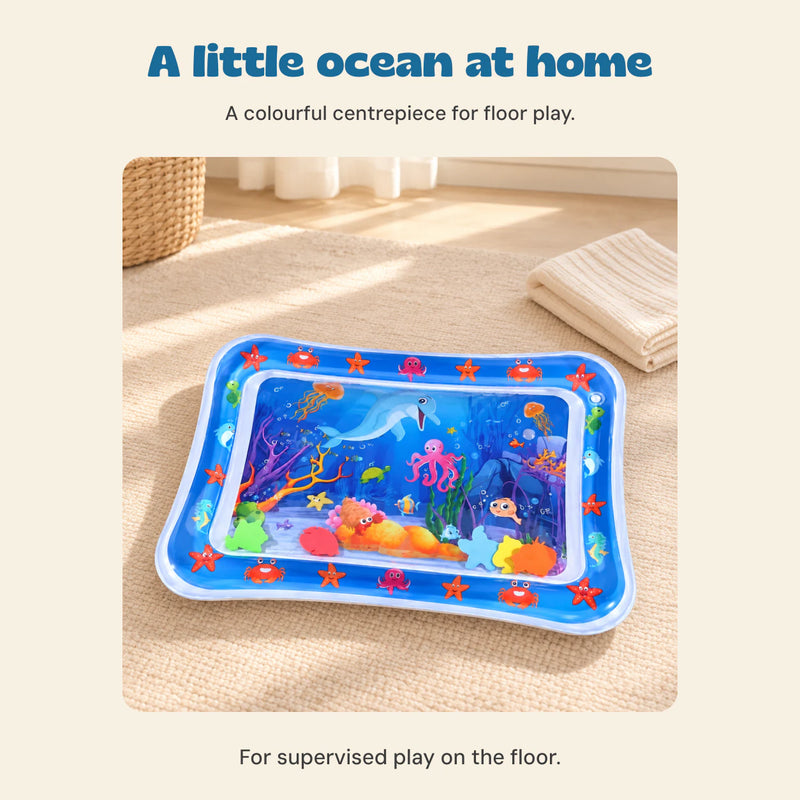 Blue ocean water mat on a warm beige floor in natural light.