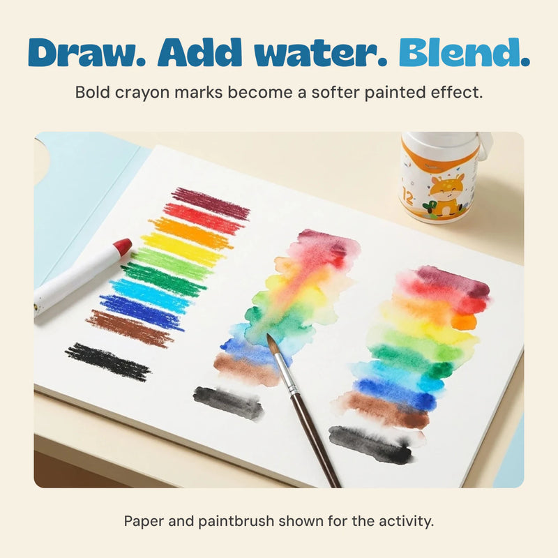 Original crayon colour swatches and water-blended marks on paper, with a brush demonstrating the painted effect.