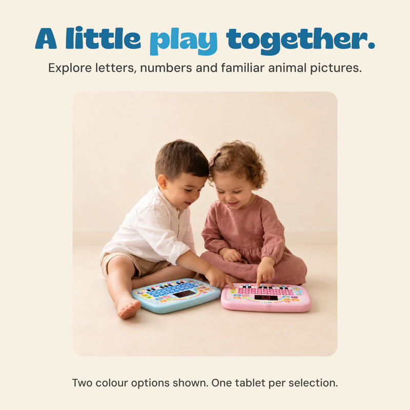 The two children from the original product photograph playing with the blue and pink learning tablets. Each tablet colour is a separate choice.