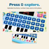 Close-ups of the blue tablet alphabet buttons and numbered piano keys, showing the complete alphabet and numbers one through ten.